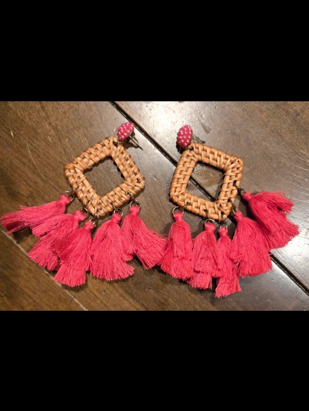 Handwoven Rattan Square Earrings with Pink Tassels